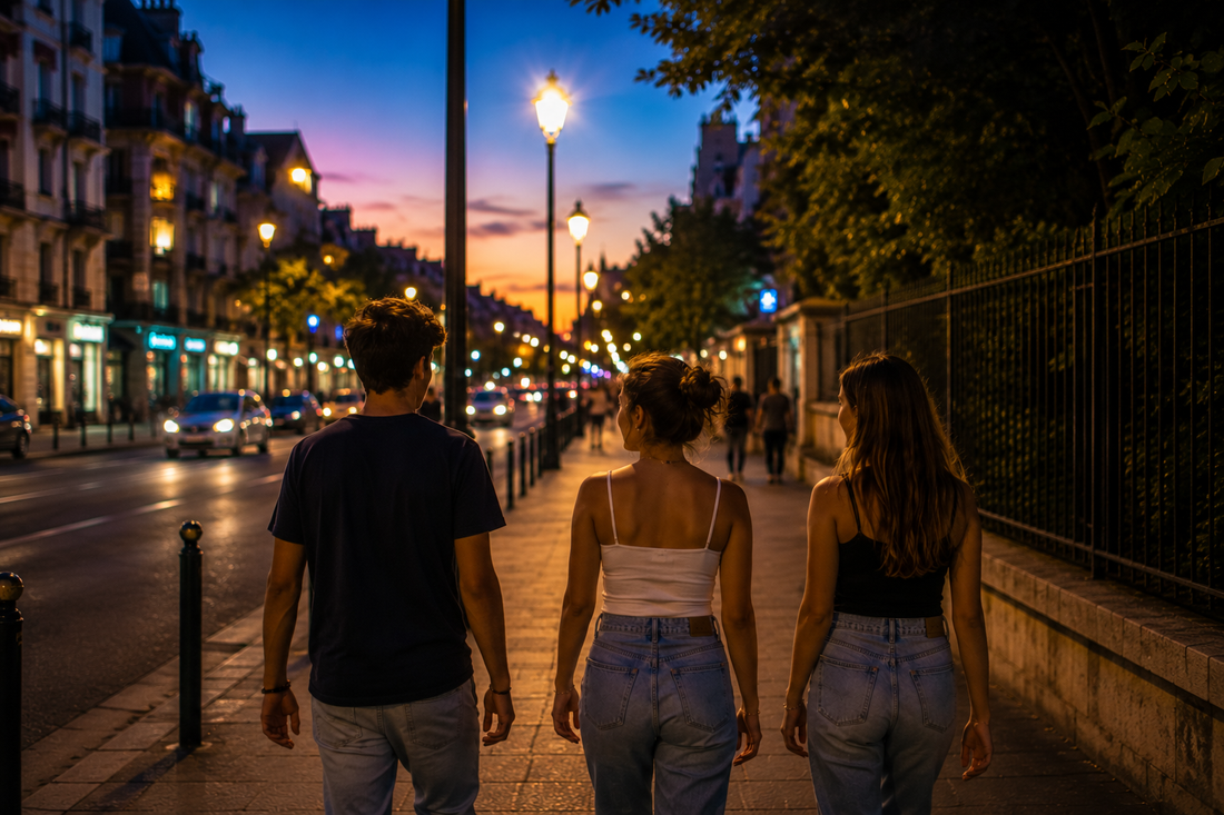 Trois jeunes adultes rentrant à pied en soirée après une sortie estivale, illustration de la sécurité personnelle et des retours tardifs.