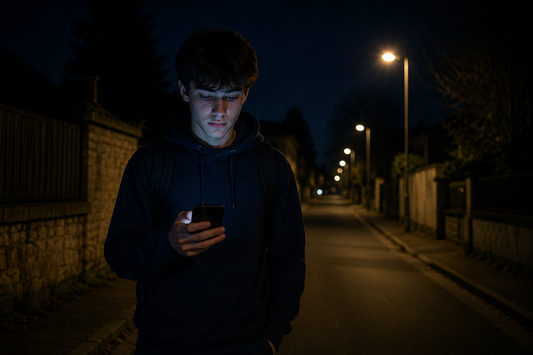 Adolescent rentrant seul le soir en consultant son téléphone dans une rue éclairée