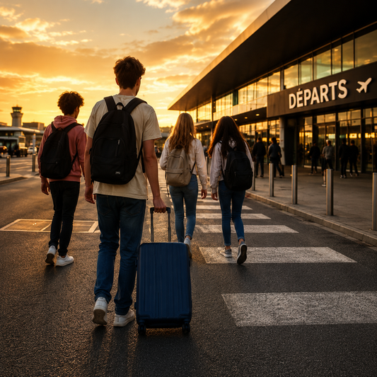 Adolescent partant en vacances avec ses amis à l'aéroport, valise à la main, premier voyage sans ses parents.