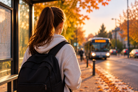 Une adolescente avec un sac à dos attend son bus à un arrêt, dans une rue aux couleurs de l'automne, à la tombée du jour.