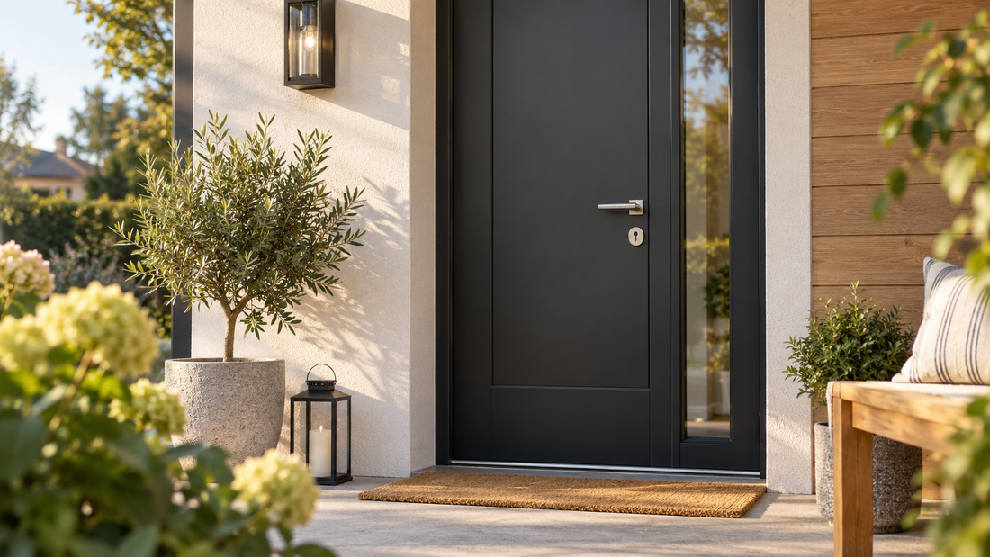 Porte d’entrée moderne d’une maison, illustrant la sécurité du domicile et la prévention des intrusions.
