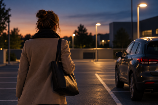 Une femme avec un sac à l'épaule rejoint un parking en soirée, à la tombée de la nuit, sous l'éclairage des lampadaires.